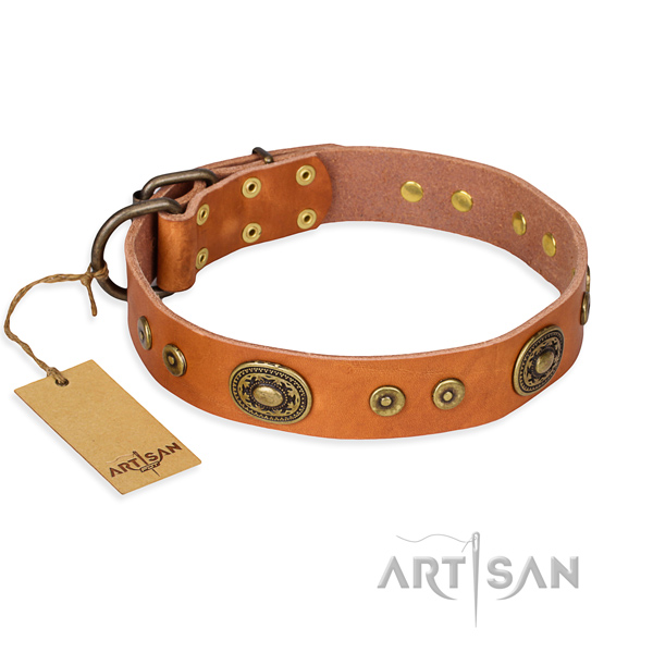 Natural genuine leather dog collar made of flexible material with strong hardware