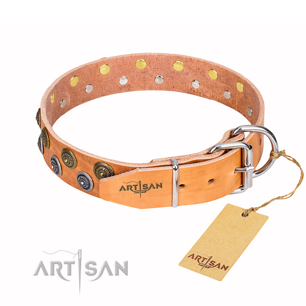 Everyday use full grain leather collar with decorations for your pet