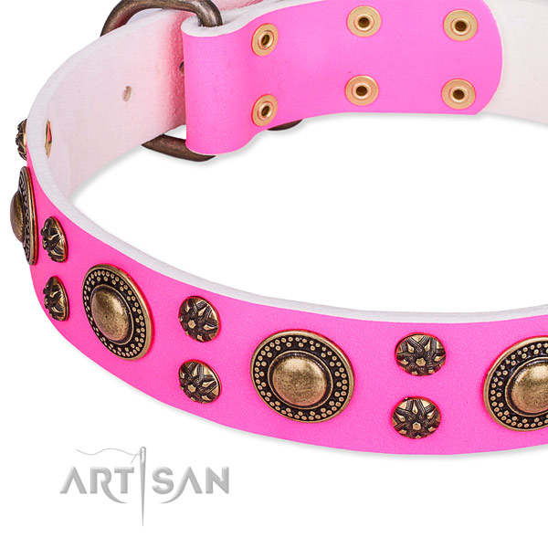 Natural genuine leather dog collar with trendy adornments