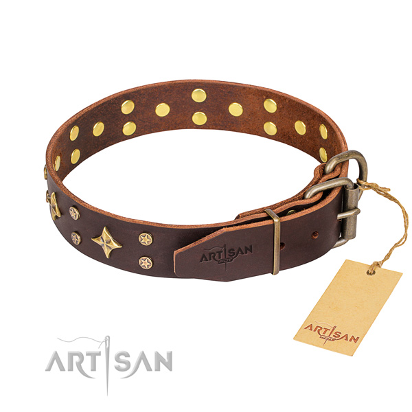 Stylish walking full grain natural leather collar with decorations for your pet