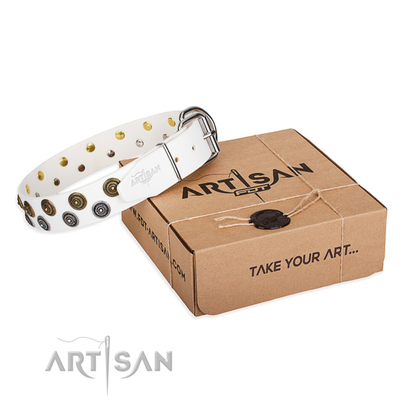 Full grain leather dog collar with decorations for handy use