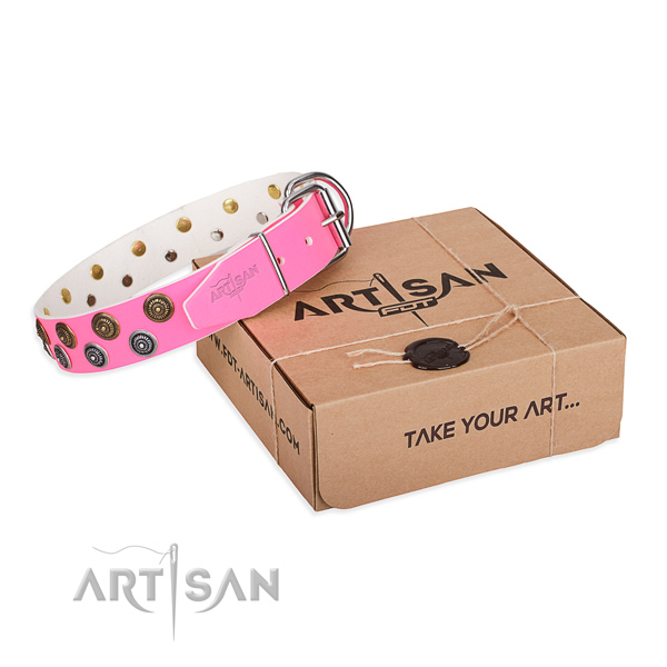 Adorned genuine leather dog collar for easy wearing