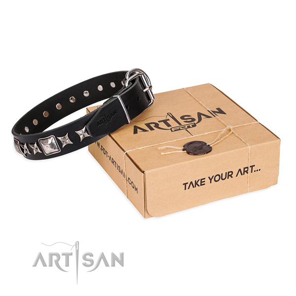 Embellished natural black leather dog collar for everyday use