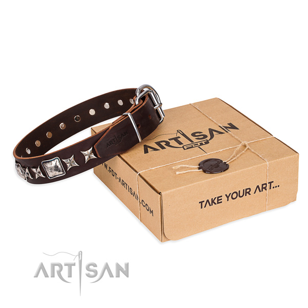 Adorned natural genuine leather dog collar for easy wearing