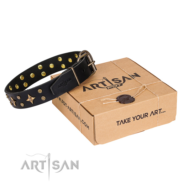 Adorned natural genuine leather dog collar for daily use