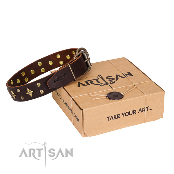 Adorned natural genuine leather dog collar for stylish walking