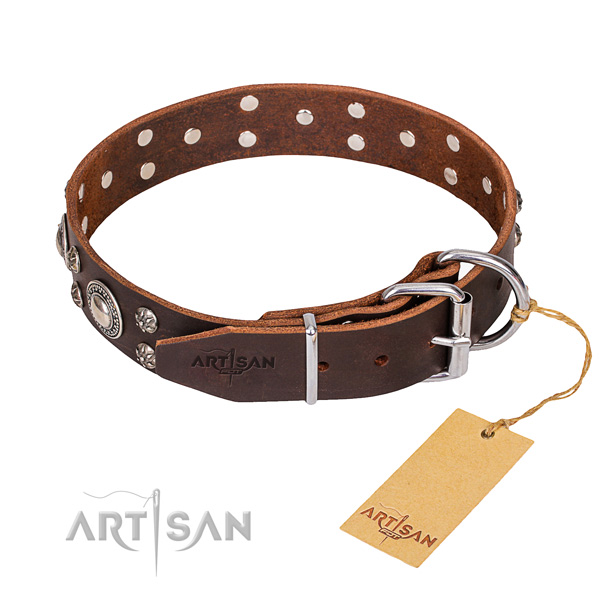 Natural leather dog collar with worked out leather strap