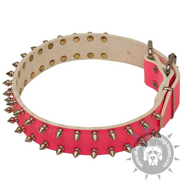 Durable Pink Leather Collar with 2 Rows of Spikes