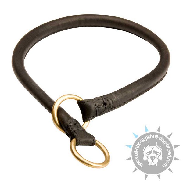 Round Leather Pitbull Choke Collar with 2 Brass Rings