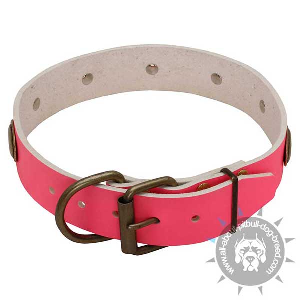 Bright Pink Leather Pitbull Collar with Functional Buckle and Ring