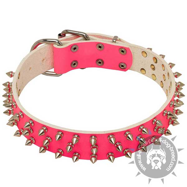 Fashion pink leather collar with handset gorgeous spikes