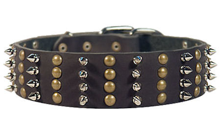 Wide Spiked & Studded Latigo Leather Pitbull Dog Collar