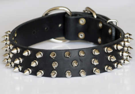 Black Deluxe Spiked Leather Dog Collar - 3 Rows of spikes
