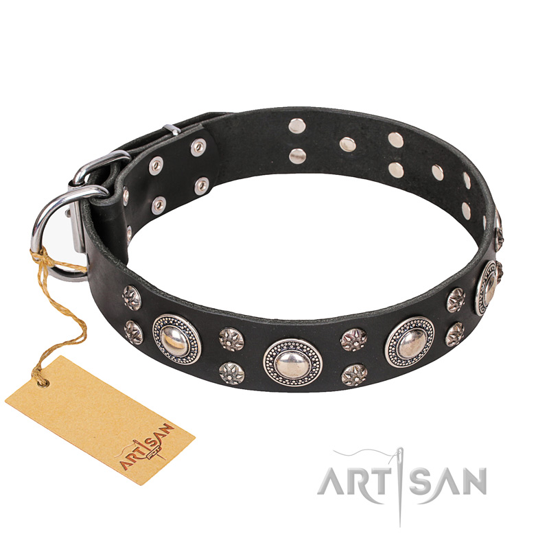 FDT Artisan 'Vintage Necklace' Studded Black Leather Pitbull Dog Collar - 1 1/2 inch (40mm) wide