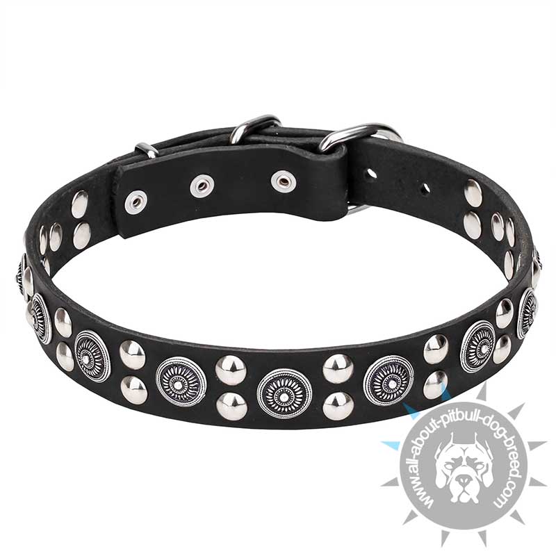 'Galactic Style' Leather Collar with Engraved Circles and Round Studs of Chrome Plated Steel - Click Image to Close