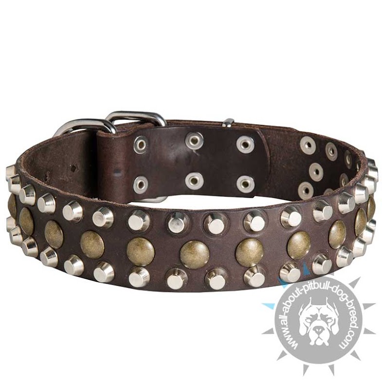 Custom 3 Rows Leather Dog Collar with Pyramids and Studs