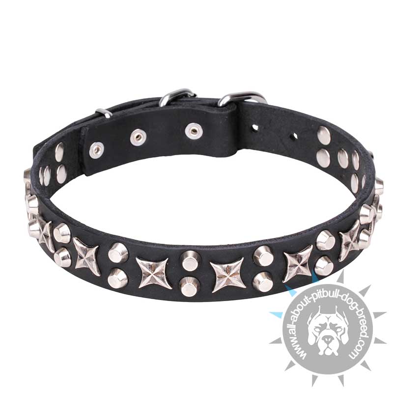 "Shining Stars" 1 1/5 inch (30 mm) Wide Leather Collar for Pitbull - Click Image to Close