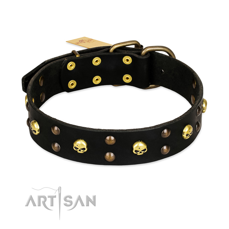 FDT Artisan 'Heavy Metal' Leather Pitbull Collar with Skulls and Half-Balls 1 1/2 inch (40 mm) - Click Image to Close