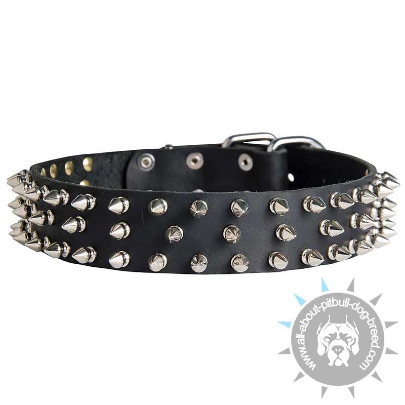 3 Row Spiked Leather Dog Collar