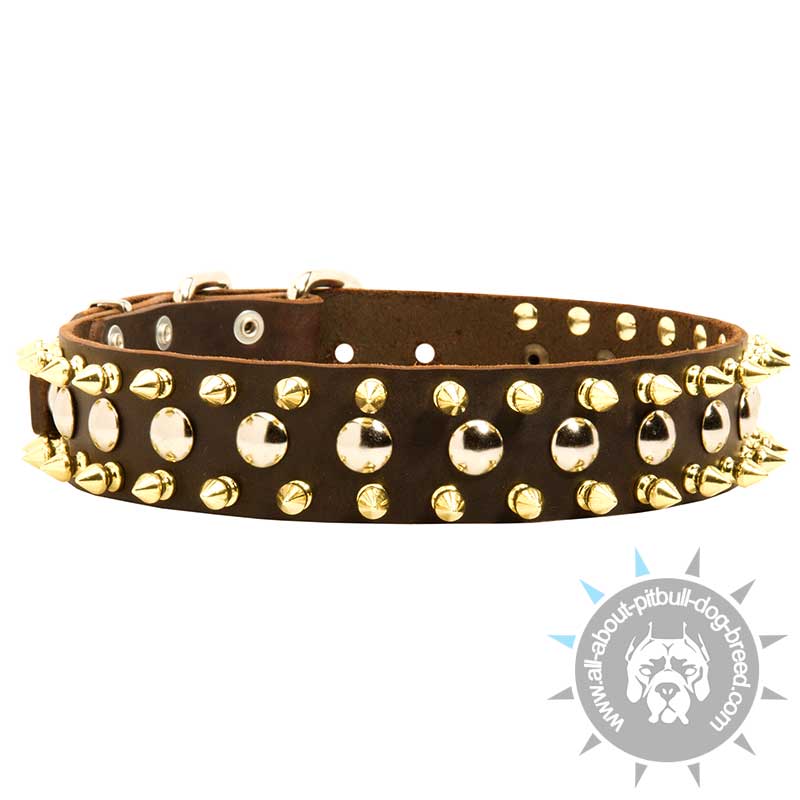 3 Rows Leather Dog Collar with Nickel Studs and Brass Spikes