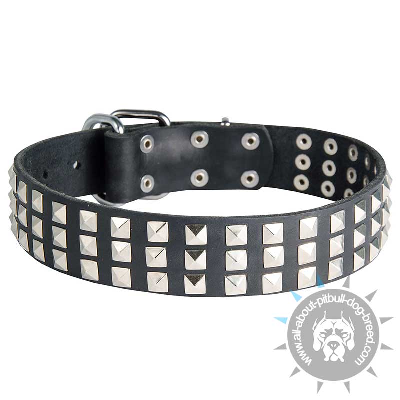 Silver Pyramid Studded Leather Dog Collar for Pitbull Walking