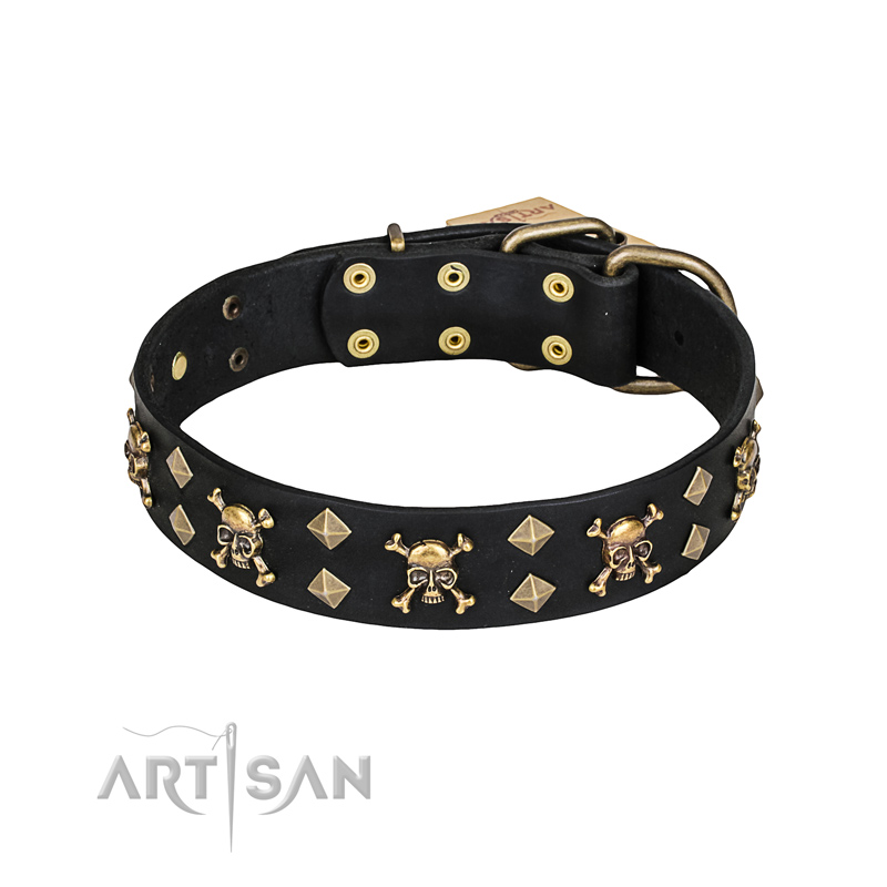 'Jolly Rojer' FDT Artisan Pitbull Leather Dog Collar with Pirate Skulls and Studs - 1 1/2 inch (40 mm) wide