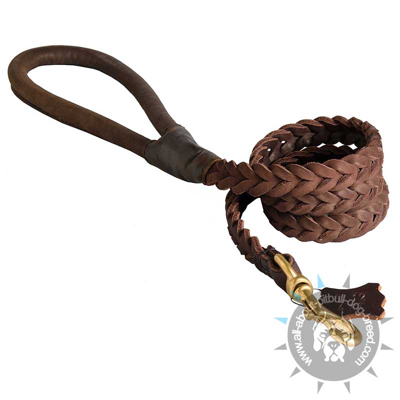 Braided Leather Dog Leash with Round Handle for Pitbull