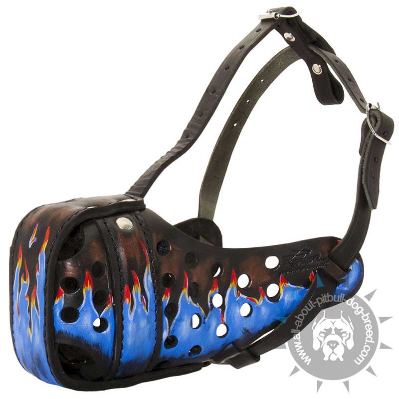 De Luxe Leather Dog Muzzle-Hand Painted Pitbull Breed Leather Muzzle