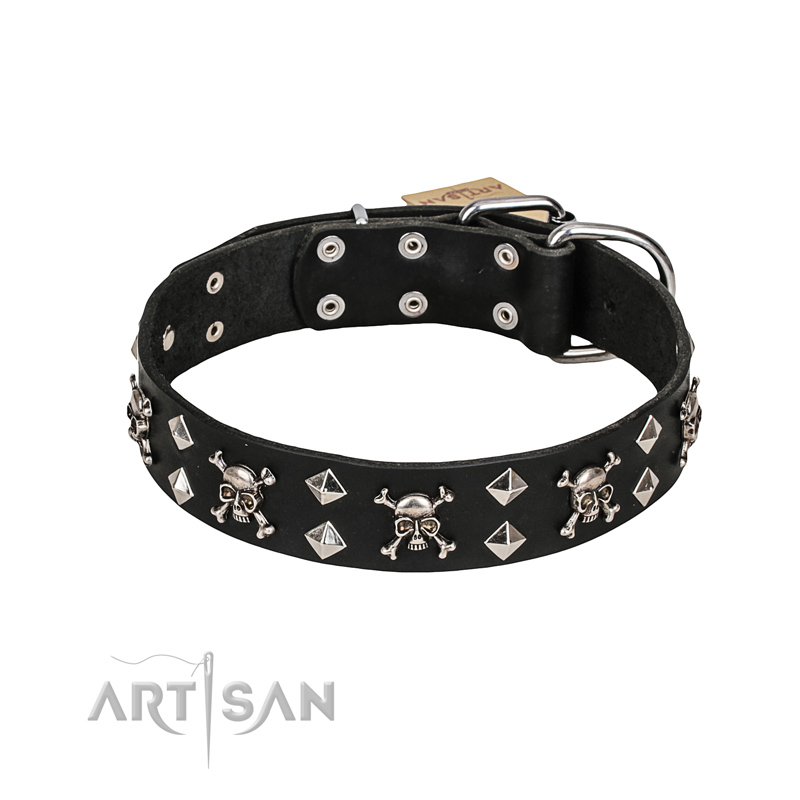 FDT Artisan 'Rock 'n' Roll Style' Leather Pitbull Collar with Skulls, Bones and Studs 1 1/2 inch (40 mm) wide