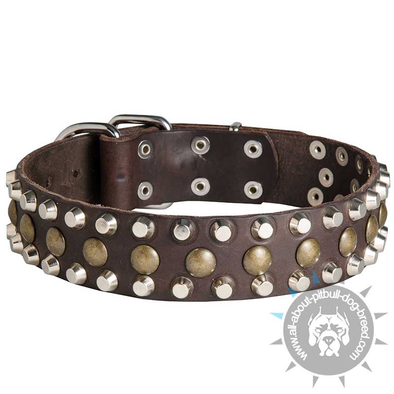 3 Rows Leather Dog Collar with Pyramids and Studs