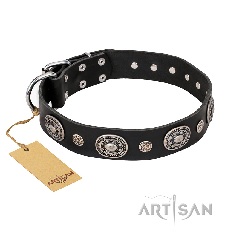 "Black Tie" FDT Artisan Leather Pitbull Collar with Old Silver-like Decorations