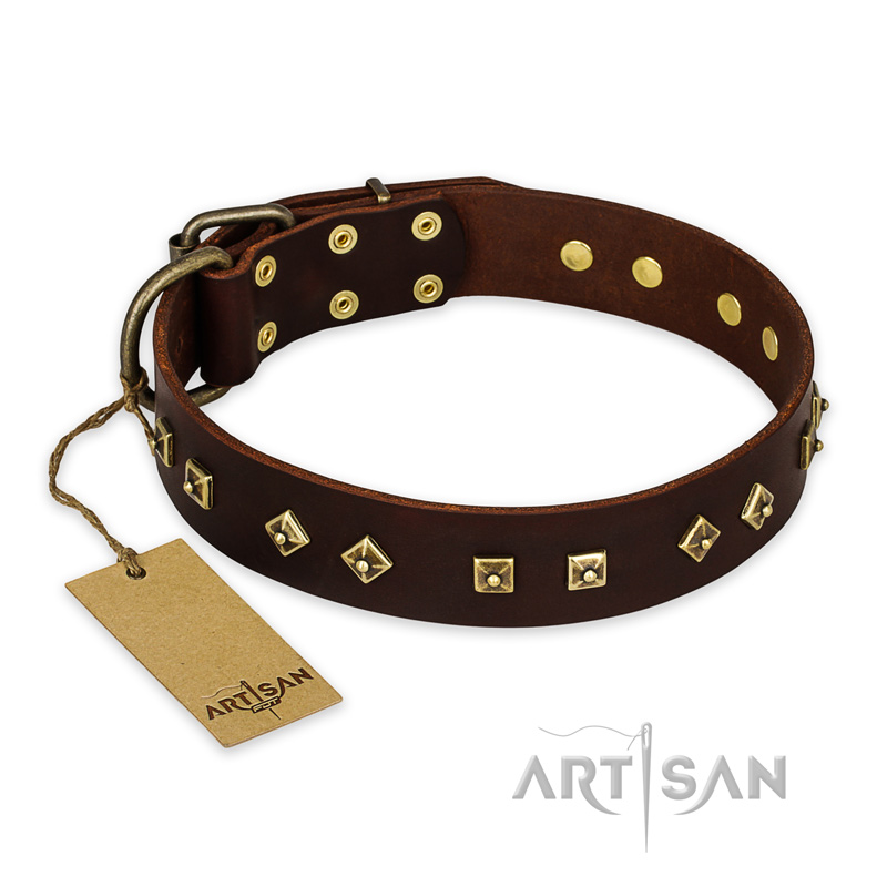"Fashion Studs" FDT Artisan Decorated Leather Pitbull Collar with Old Bronze-Plated Steel Hardware