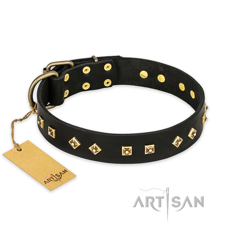 "Rhomb Style" FDT Artisan Decorated Leather Pitbull Collar with Old Bronze-Plated Studs 1 1/2 inch (40 mm) Wide