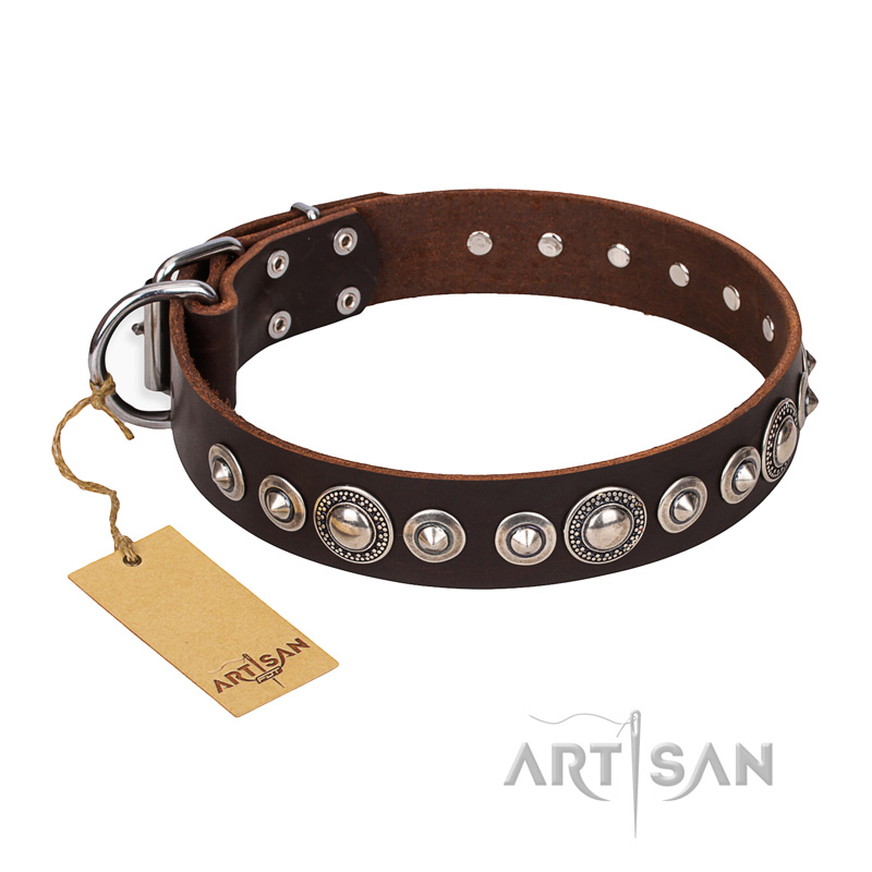 "Step and Sparkle" FDT Artisan Glamorous Studded Brown Leather Pitbull Collar