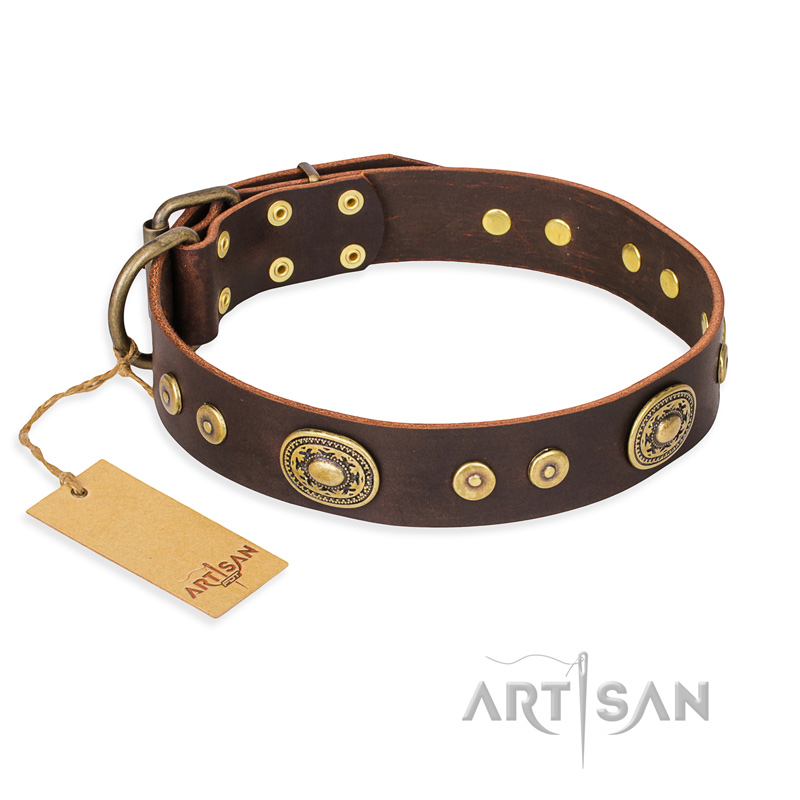 "One-of-a-Kind" FDT Artisan Handmade Decorated Brown Leather Pitbull Collar - Click Image to Close
