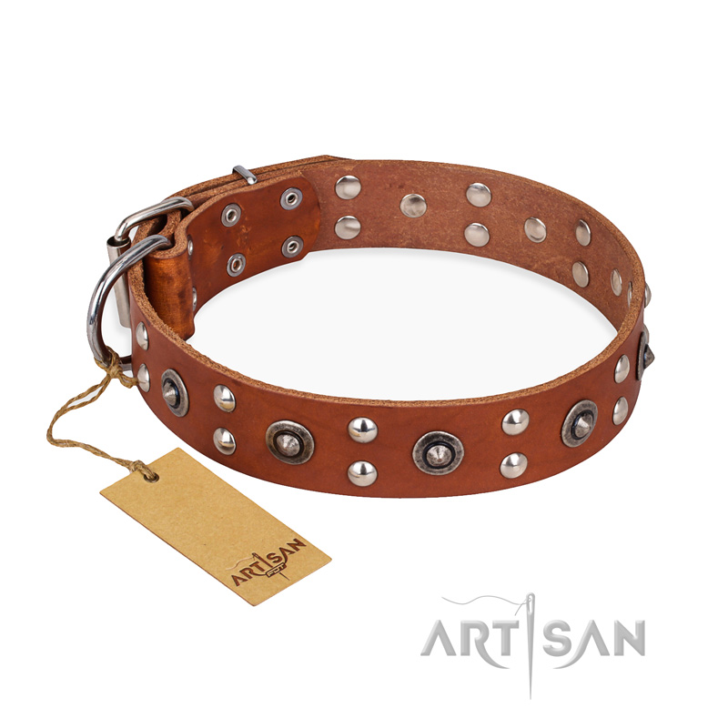 "Silver Elegance" FDT Artisan Decorated Leather Pitbull Collar with Old Silver-Like Plated Studs and Cones - Click Image to Close