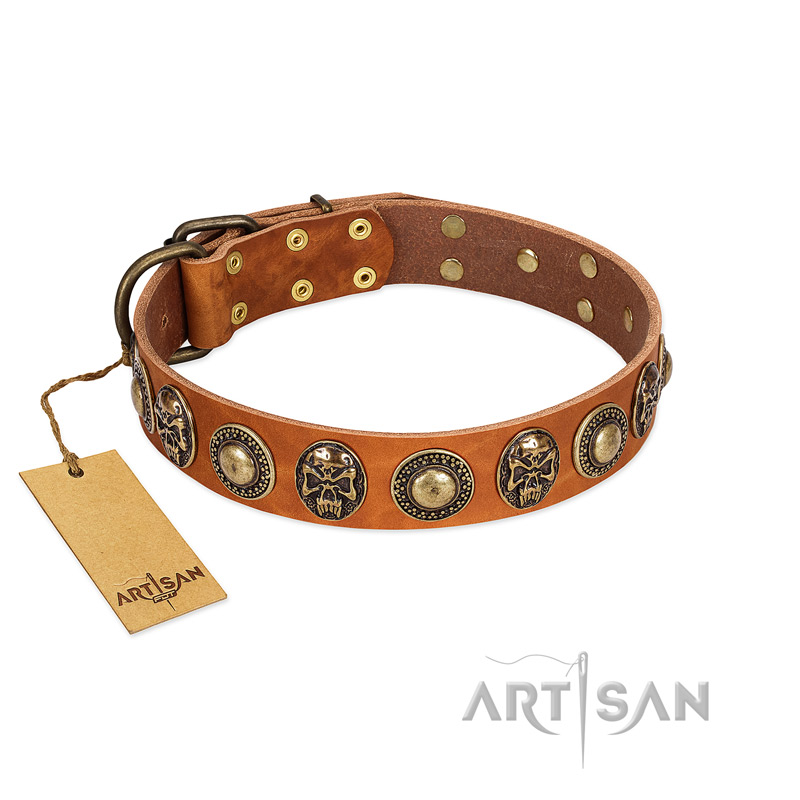 "Golden Epoch" FDT Artisan Tan Leather Pitbull Collar with Old Bronze-plated Medallions and Conchos