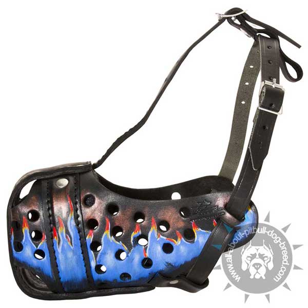 Blue Fire Painted Leather Pitbull Muzzle with Adjustable Straps