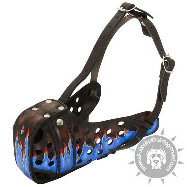 Bright Leather Pitbull Muzzle Painted with Blue Fire